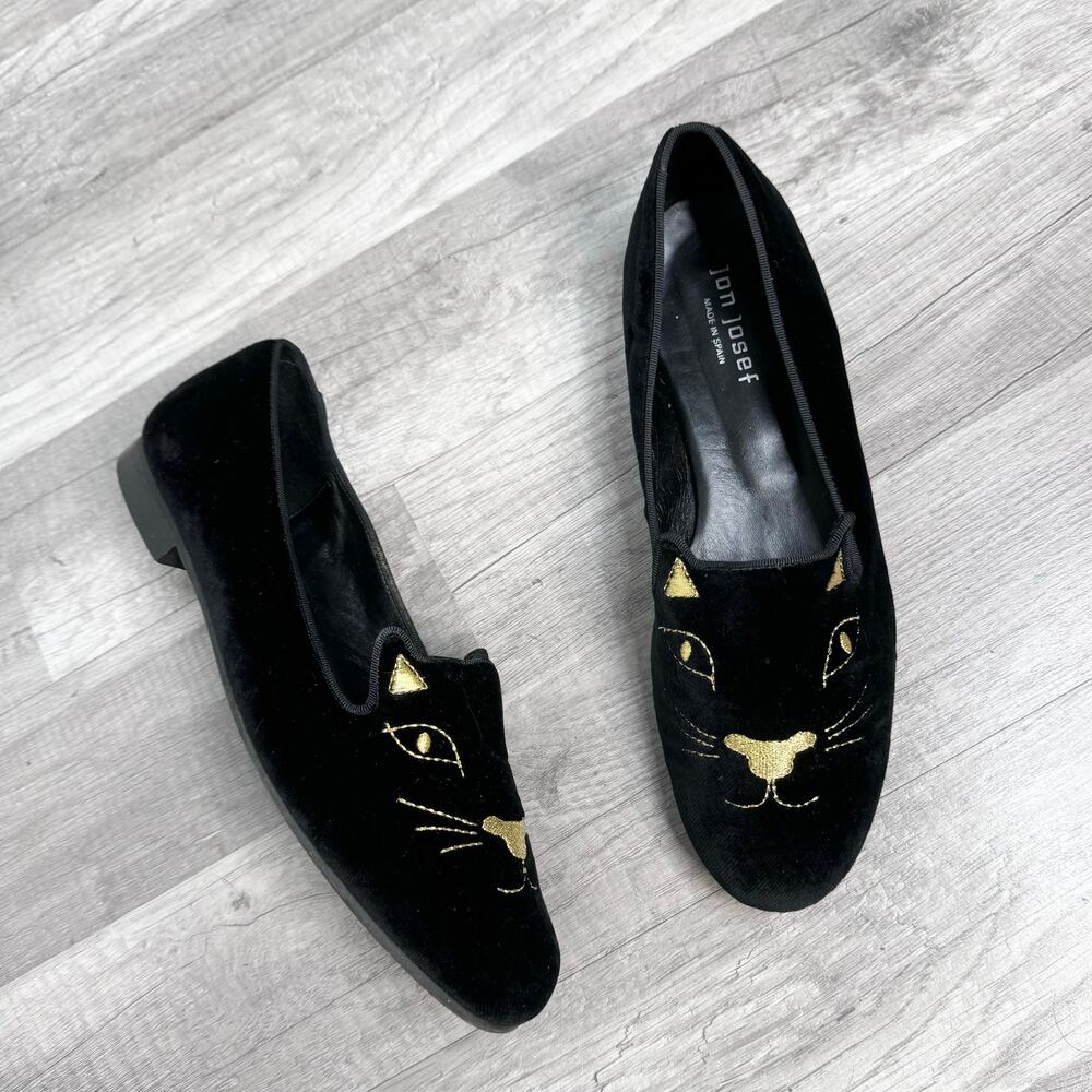 Jon Josef Velvet Gold embroidered Cat loafers Black Made in Spain Womens 9 1/2
